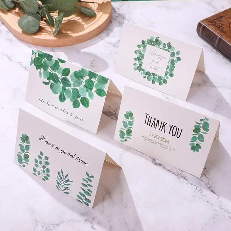 6 Sheets Green Leaf Thank You Greeting Cards Set Gift Decoration Message Card Simple and Fresh Thanksgiving Birthday Card