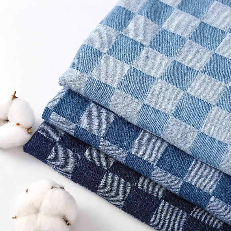 Checkered Jacquard Ripped Textured Washed Denim Fabric By The Meter for Clothes Jeans Pants Bags Shirts DIY Sewing Cloth Vintage