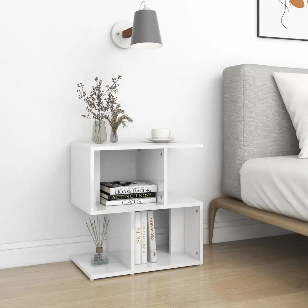 White Glossy Nightstand Open Cabinet Plywood Table Assembly Bookshelf Desktop Multi-Layer Storage Rack 50x30x51.5 Cm