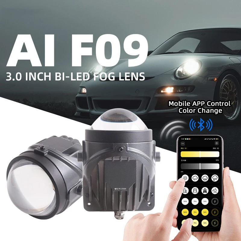 Car Fog Light Projector Lens 3 inch Bi LED Retrofit Hi Lo Beam 12V 33W APP Bluetooth Control 3000K 4300K 6000K for Toyota Honda