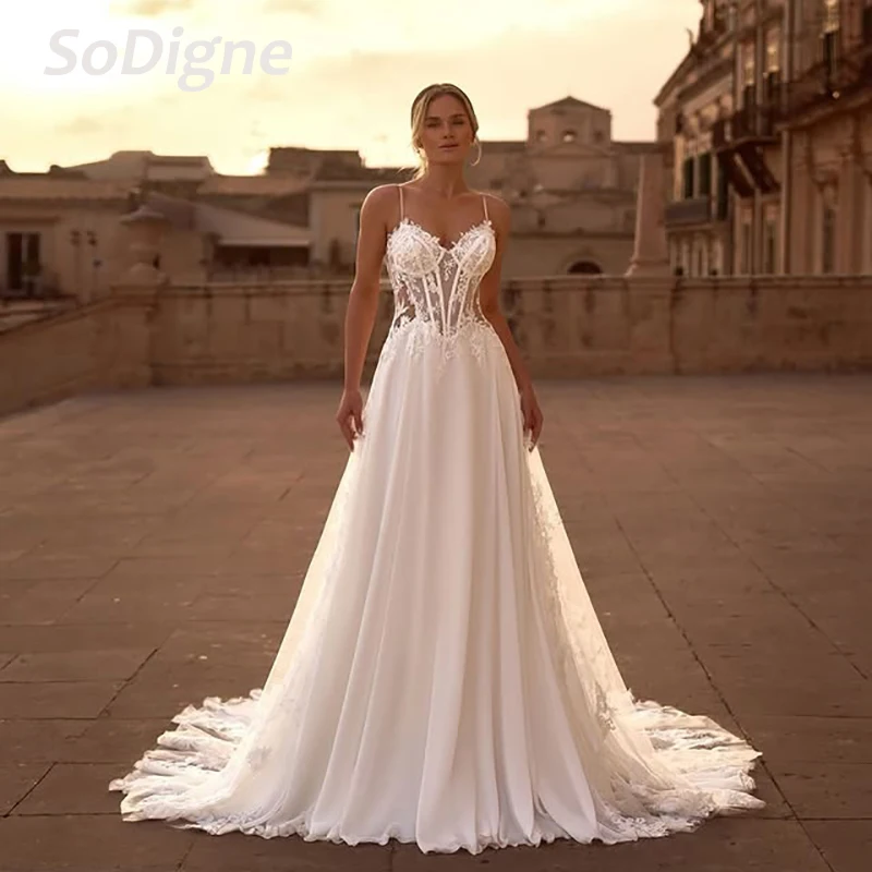 

SoDigne A-line Chiffon Wedding Dress Sleeveless Sweetheart Appliques 2025 Bride Dresses Bridal Gowns vestidos de novia Customize