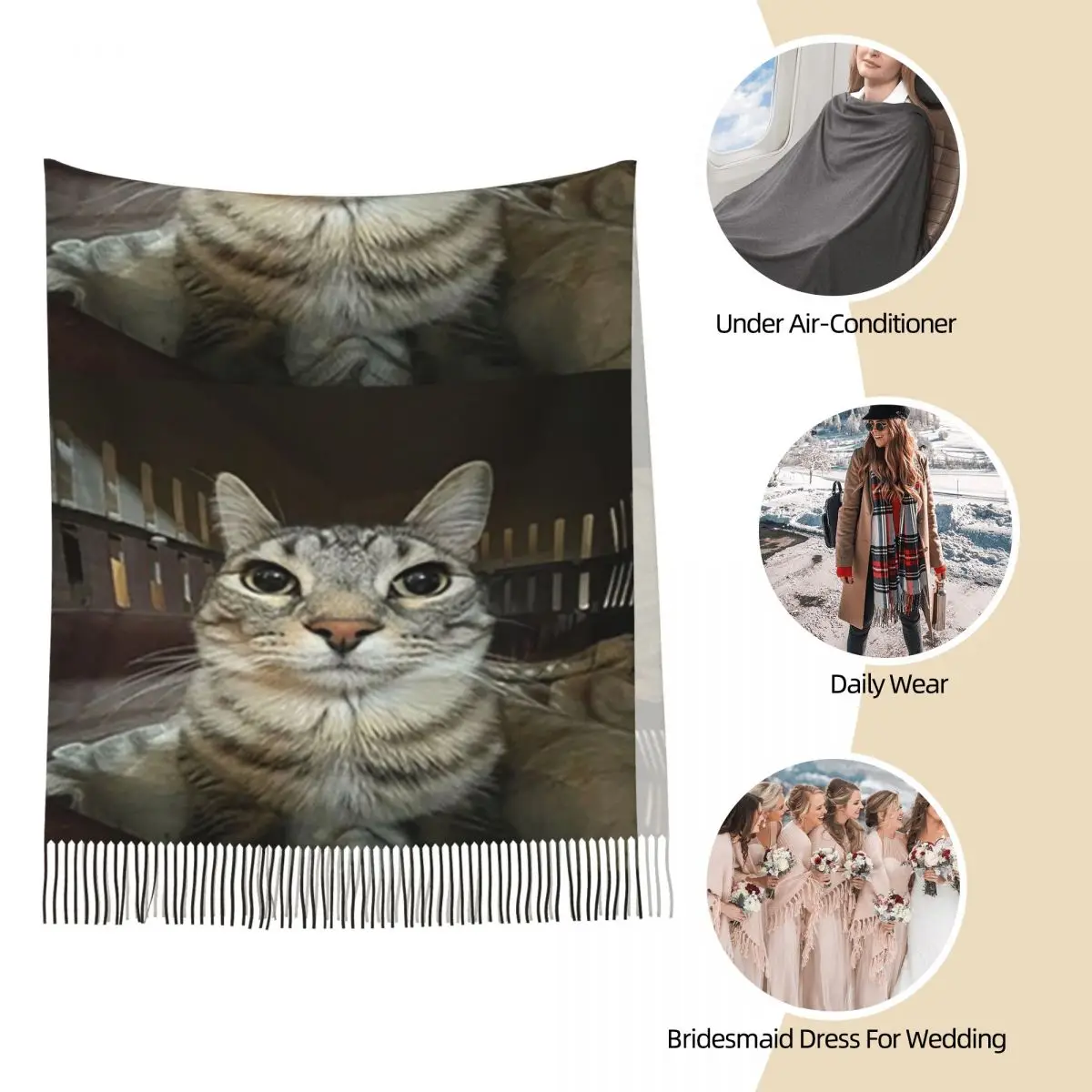 القط يبحث مباشرة إليك وشاح شرابة الأوشحة النساء شالات دافئة ناعمة ويلتف كبير الخريف الشتاء شال التفاف #6