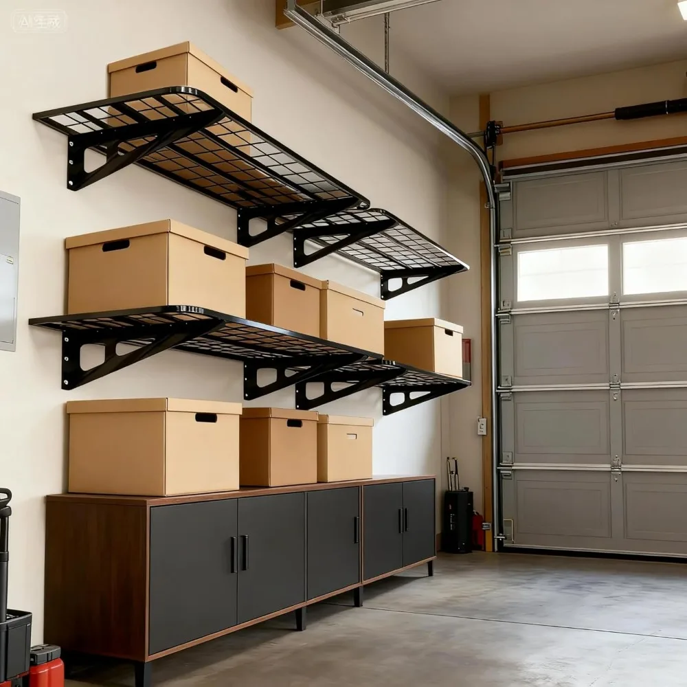 

4-Pack Heavy-Duty Wall Mounted Garage Shelves, 840lbs Capacity, Space-Saving Storage for Tools & Bins