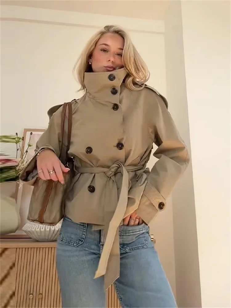 

COOBBU Casual Stand Collar Women Jacket with Belt Elegant New Long Sleeve Single Breasted Coats 2026 Lady Outerwear High Street