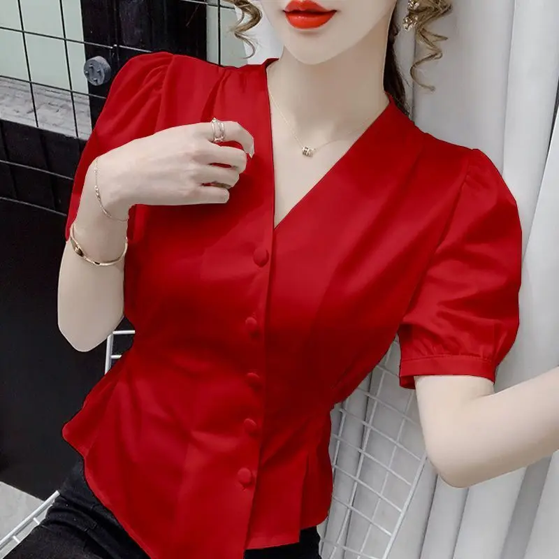 Elegant V-Neck Button Lace Up Bow Irregular Puff Sleeve Shirt Female Clothing 2023 Summer New Casual Tops Asymmetrical Blouse