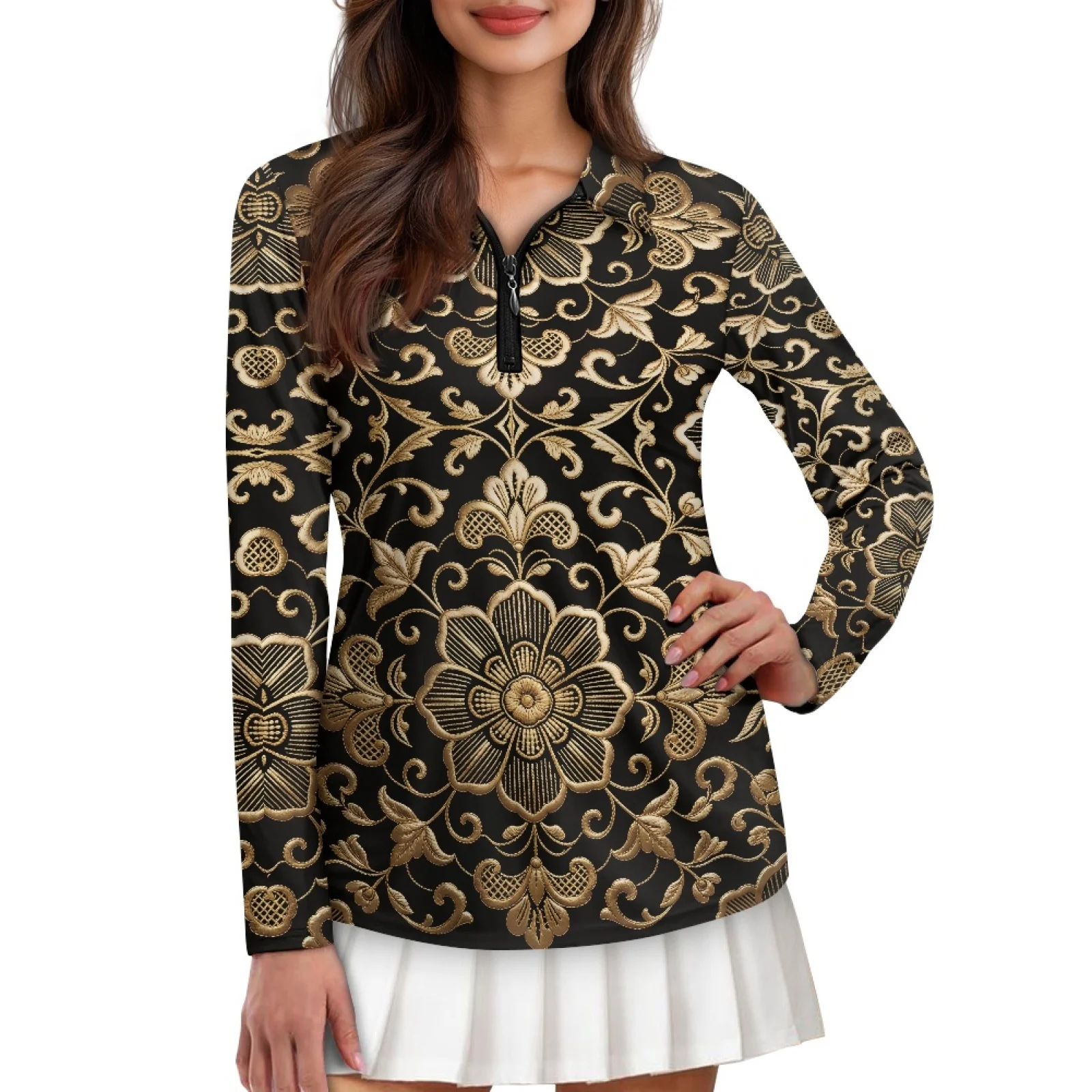 PENSTROLL Golden Floral Womens Machine Washable Tennis Polo Shirts Quick Dry Women's Athletic Polo Shirt for Tennis Court