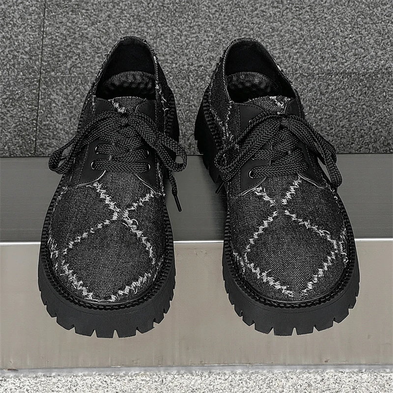 

Men's autumn niche design, thick soled derby shoes, height increasing, denim, personality, fashionable casual round toe shoes