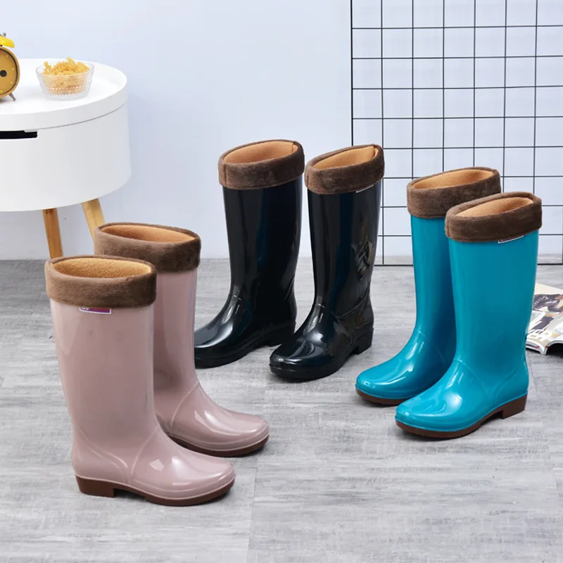 2022 Women\'s Rain Shoes Casual PVC with Velvet Waterproof Non-slip Knee-high Boots New Fashion Tide for Reasons Botas De Mujer