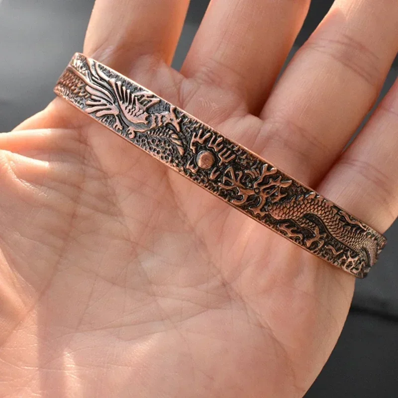 Pure Copper Bracelet Men Traditional Dragon Pattern Men Cuff Bracelet Magnetic Therapy Health Energy Bracelet for Men