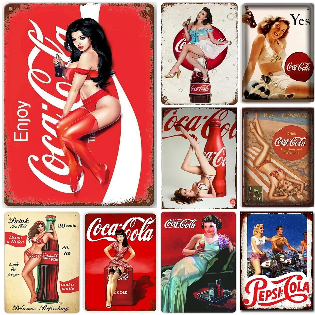 Panneau métallique vintage « Nostalgic Soda and Posters », décoration murale publicitaire à l'ancienne, idéal pour les mancaves, les tavernes et les cuisines, un cadeau pour les fans nostalgiques.