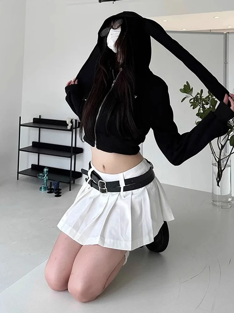 Black White Kawaii Loose Sweatshirts Harajuku Gothic Rabbit Ear Hoodies Zipper Coats Women\'s Autumn Fashion Streetwear Outerwear