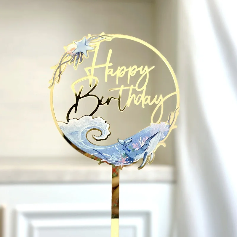 Flowers Plants Happy Birthday Cake Topper Summer Animal Colored Printing Acrylic Cake Topper for Birthday Party Cake Decorations