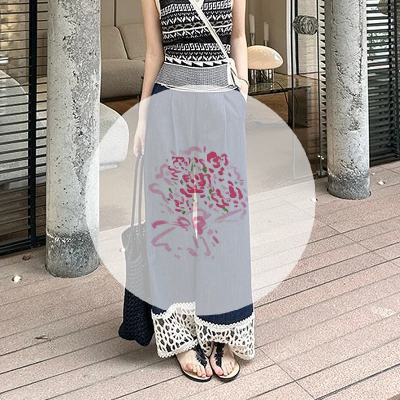 Pantaloni dritti a vita alta larghi estivi da donna con design con cuciture in pizzo cavo