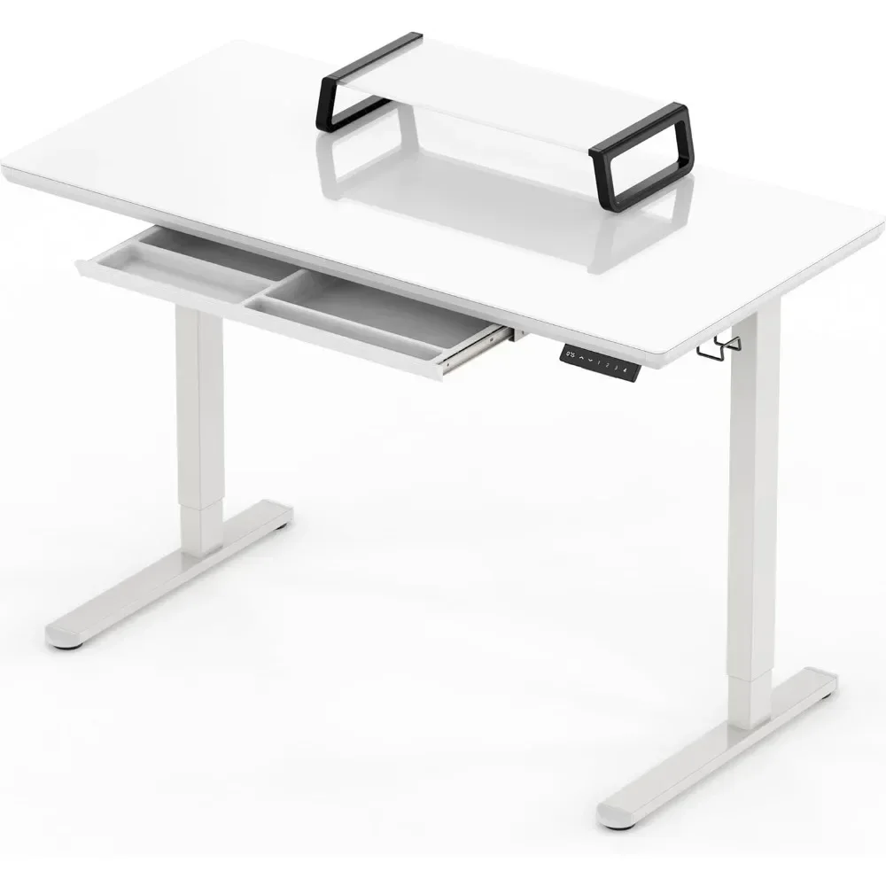 48-Inch Whole-Piece Glass Electric Height Adjustable Desk with Monitor Riser and Drawer, White, desks