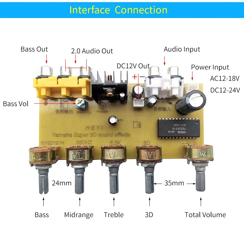 UNSIAN Audio Preamplifier YSS247 3D Sound Effects Mixing EQ Tone Control Board 2.1 Channels Preamp