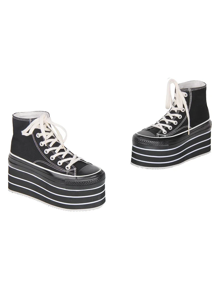 2026 Lolita Punk Shoes Round Head Ultra High Heels Thick Bottom Striped Sponge Cake Shoes Japanese Retro Girls Canvas Shoes
