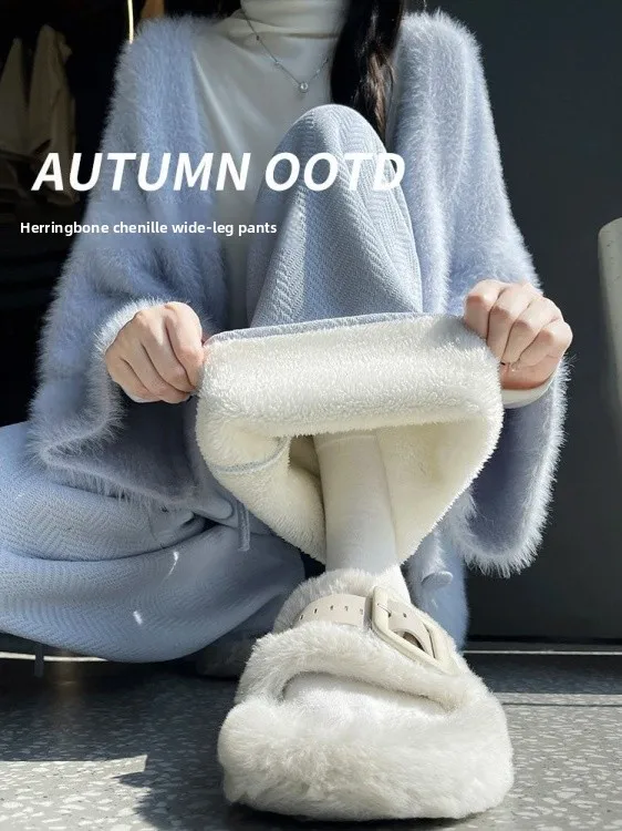 Pantaloni a Vita Alta e Gamba Larga da Donna, a Quadri, Foderati in Pile, Slim Fit, Casual, Comodi Pantaloni Dritti