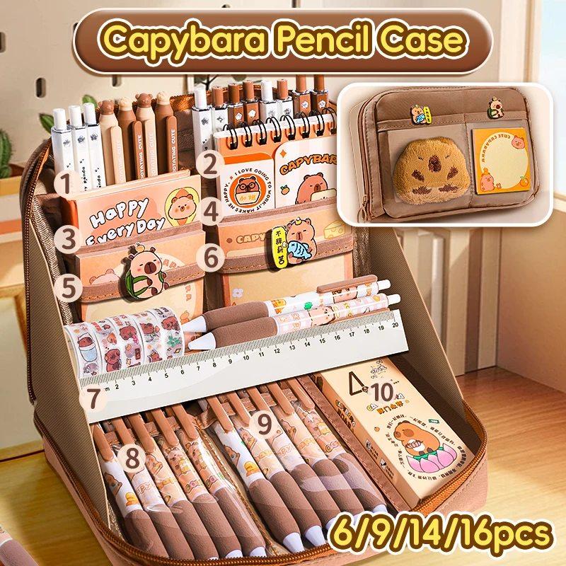 

Capybara Pencil Case Set with Supplies,6/9/14/16pcs Stationery Kit,Includes Holder,Pen,Keychain,Stickers,Brooch,Clips for Hobbis