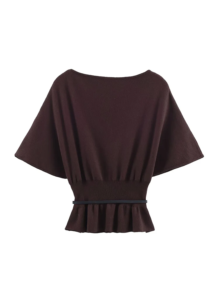 Femmes automne 2025 à manches courtes tricot porter Vintage nouveau froncé ourlet pull haut ample ceinture décoration décontracté dame tricoté pull
