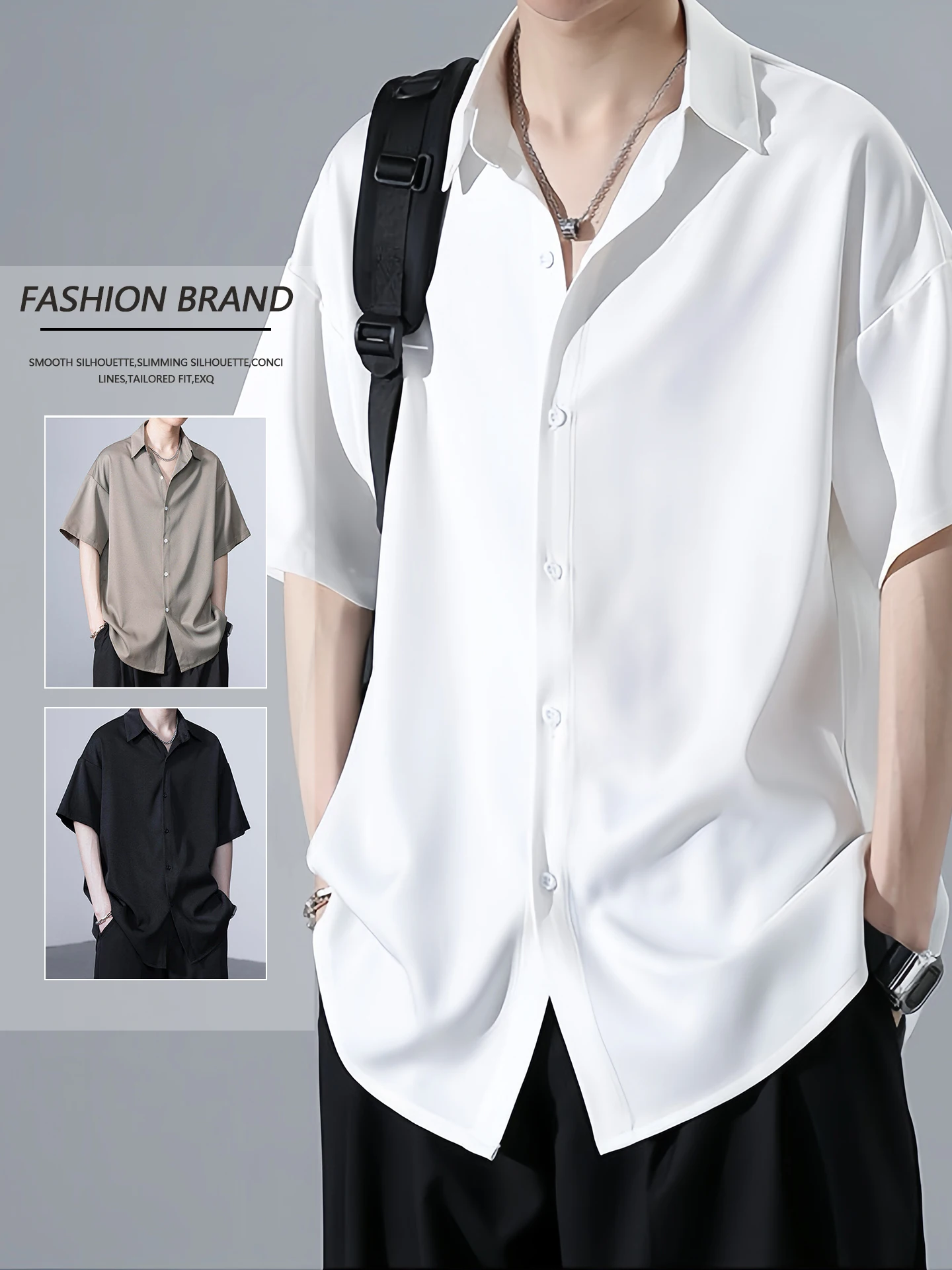 

White Ice Silk ort Sve Casual irt Men's Summer Thin Loose Fit f Sve Top Polyester Fiber Spandex Casual Sle