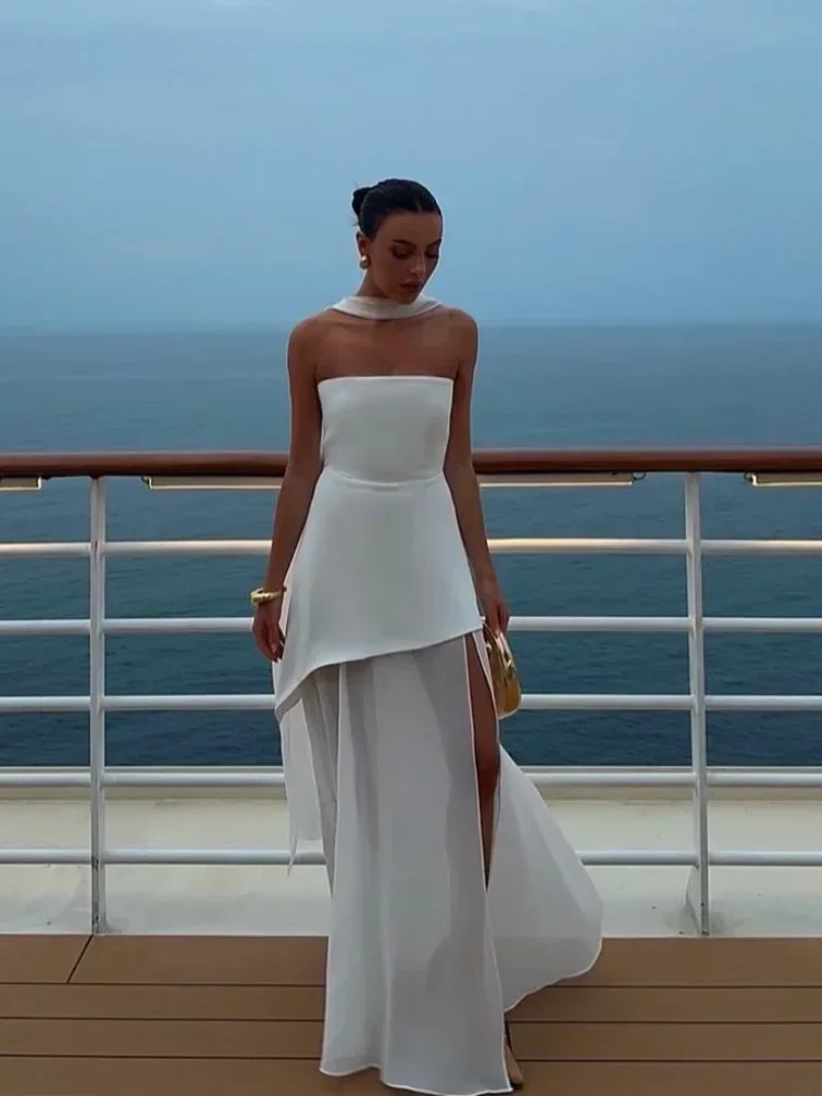 Elegant Simple Strapless Wedding Dresses Women Side Split Mesh Patchwork Prom Dresses 2025 Solid Scarf Party Chic Brides Gown