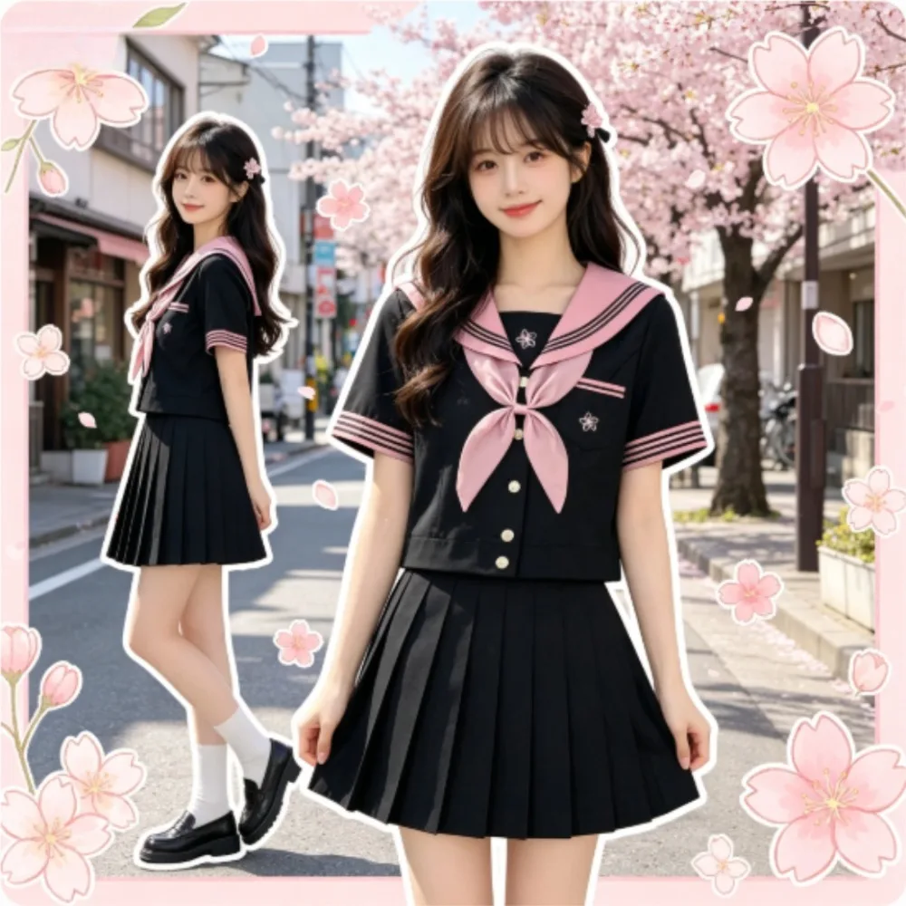 Orthodox Japanese Black Pink Sailor Suit JK Uniform,Embroidery Metal Buckle School Outfit for Graduation Photo Campus Daily Wear