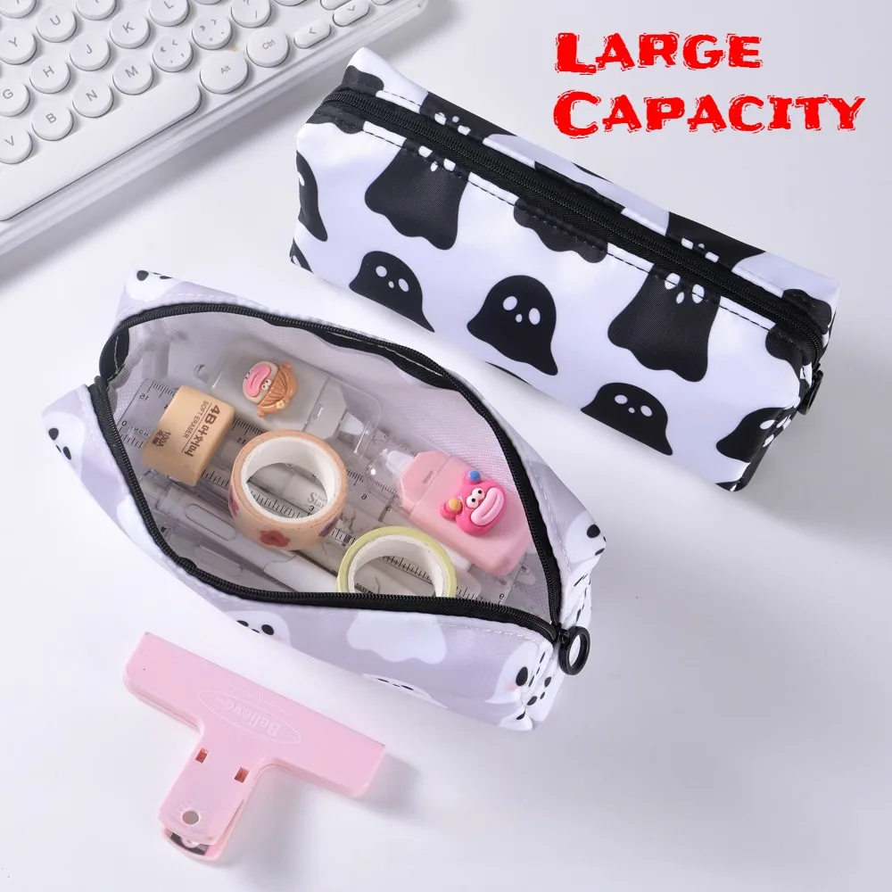 Cute Ghost Pencil Pouch Large Capacity Aesthetic Pen Case Minimalist Durable Canvas Zipper Stationery Organizer for Office Desk