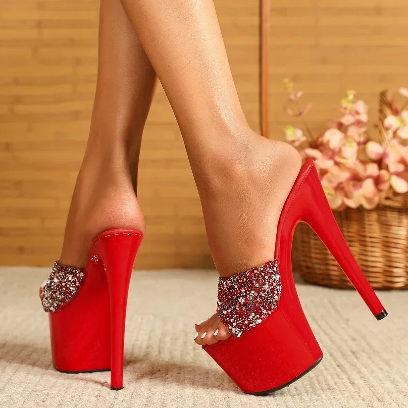 

Summer Platform Slippers Woman Bling Sequin Wedding Stripper Sexy Peep Toe Fetish Thin High Heels Fashion Rhinestone Sandals