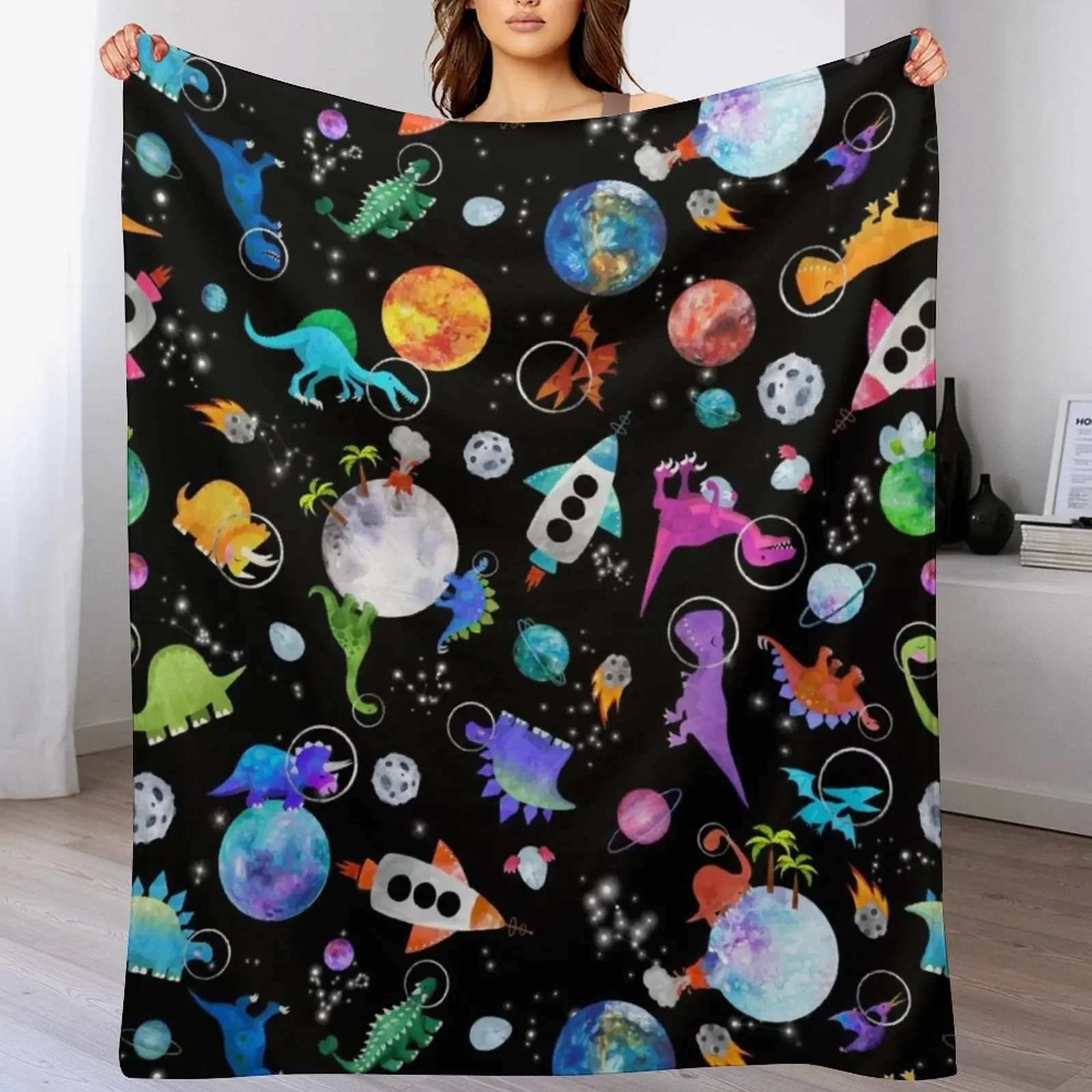Dinosaur Astronauts In Outer Space Throw Blanket Lightweight Cozy Blanket for Bed Sofa