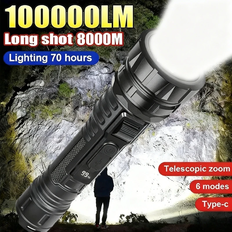 Ultrahelle LED-Taschenlampe, wiederaufladbar, zoombar, tragbar, 6-Modus, taktische Lampe, Outdoor, Camping, Angeln, Notfalllaterne