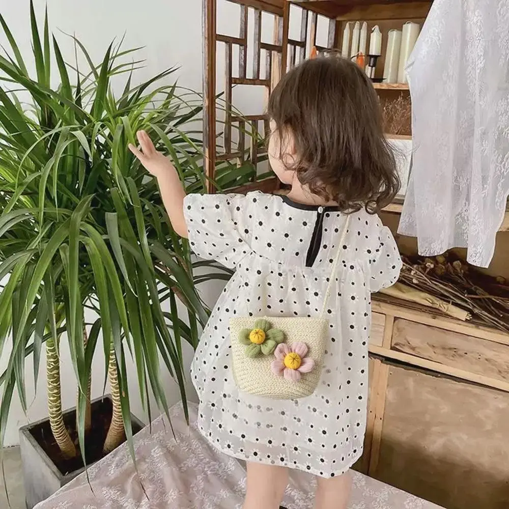 Fashion Handmade Kids Straw Bag Shell Shape Woven Shoulder Bag Flower Crossbody Bag for Children Girls