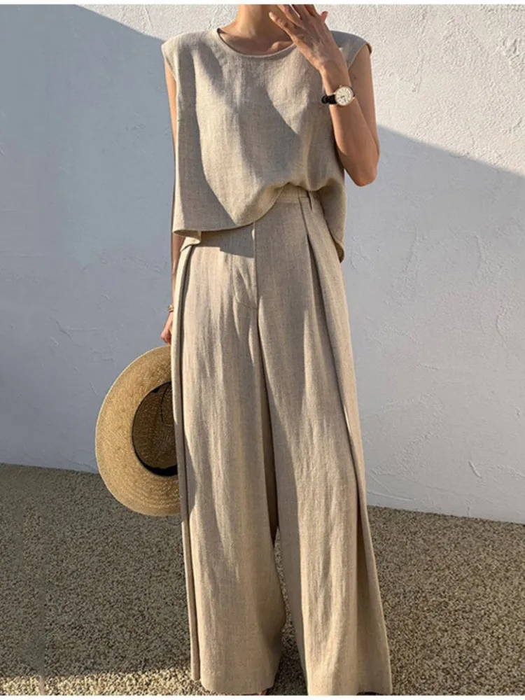 

Spring Summer Solid Color Long Pant Sets Two Piece Set Women Fashion Sleeveless Tops Loose Wide Legs Pants Ladies Sets 2024 New