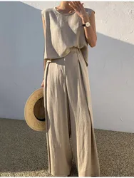 Spring Summer Solid Color Long Pant Sets Two Piece Set Women Fashion Sleeveless Tops Loose Wide Legs Pants Ladies Sets 2024 New