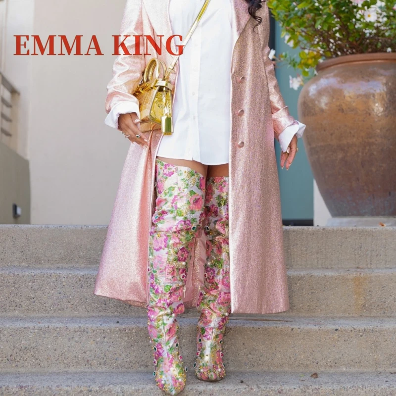 الأزهار التطريز فوق الركبة الأحذية مثير الإناث الخريف أشار تو الفخذ أحذية عالية الأحجار الكريمة التفاصيل أحذية الحفلات للمرأة #5