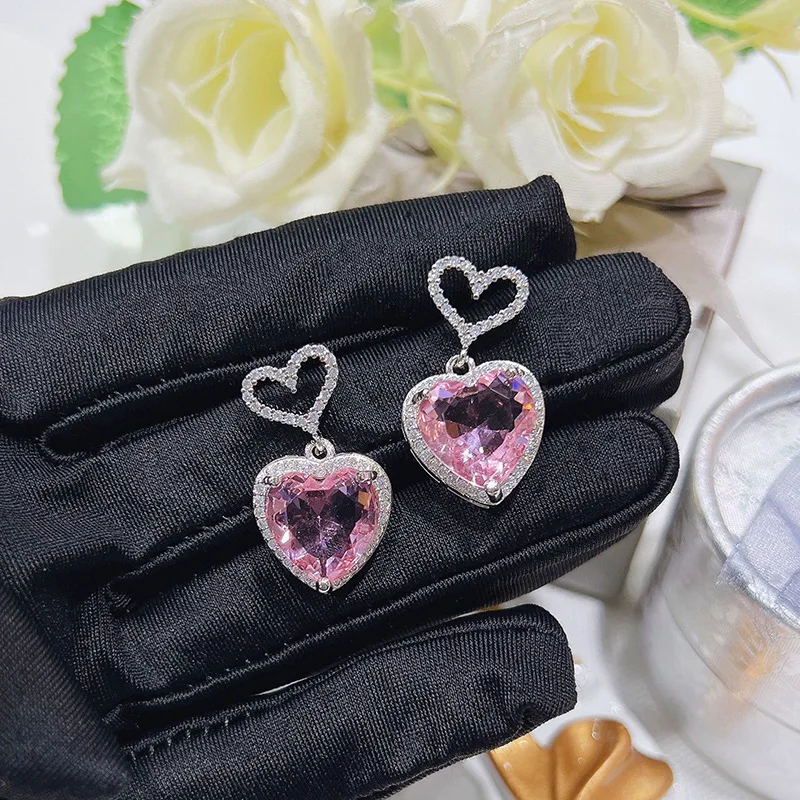 

New Cute Double Heart Pendant Stud Earrings For Women Korean Sweet 925 Sterling Silver Earrings Girl Wedding Party Jewelry Gift