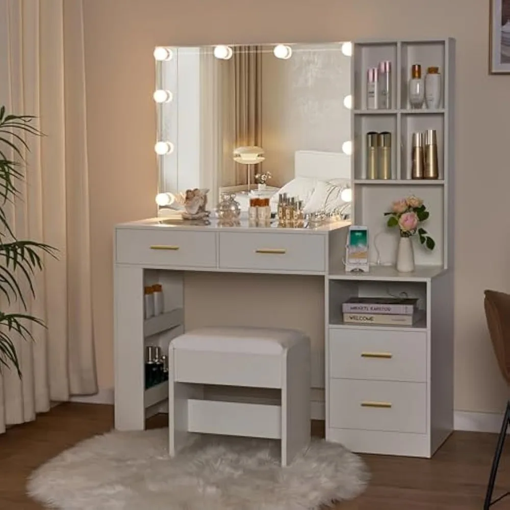 White Dressing Table with Mirror and Light, Dressing Table with Glass Countertop, Dressing Table with Charging Station Furniture