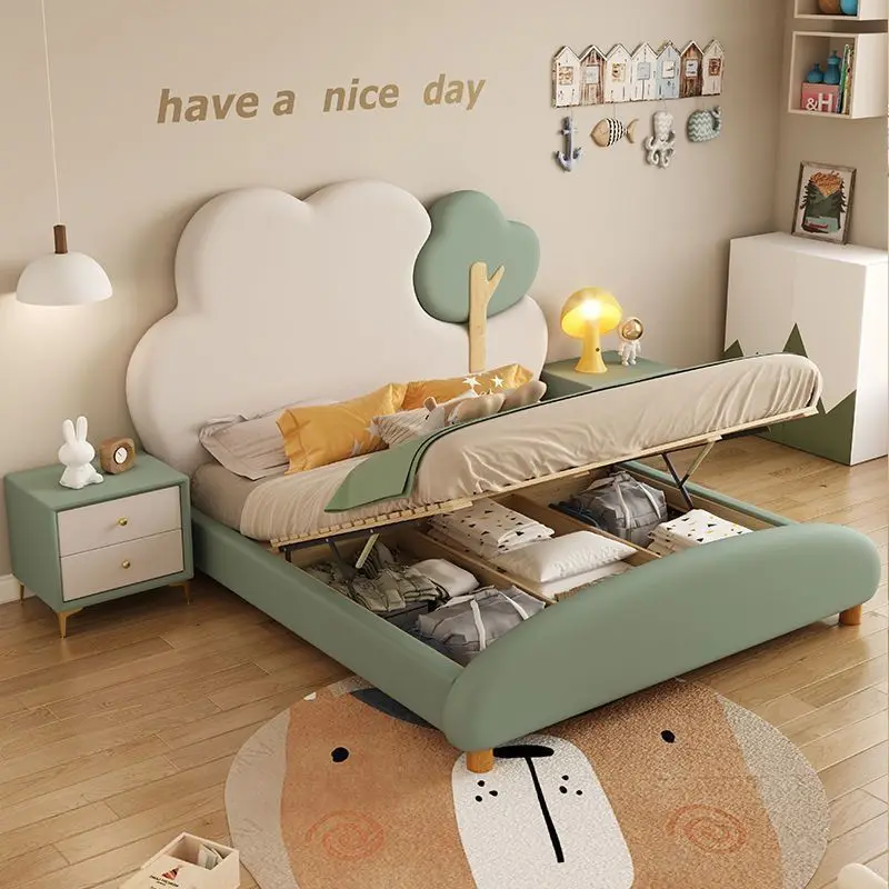*Modern Forest Theme Cloud Tree Kids Bed with Gas Lift Storage Cute PU Leather Upholstered Bed for Girls Boys