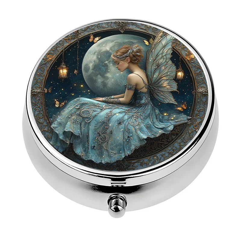 A small pill box with a three-section design featuring a fairy theme: a compact metal pill organizer, perfect as a unique travel gift