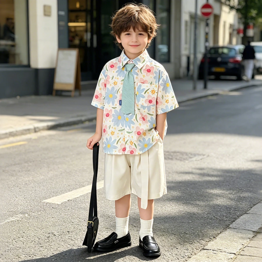 Boys Floral Print Shirt Pleated Shorts Set with Necktie Kids Gentleman Summer Outfit for Wedding Party Beach Vacation Photoshoot