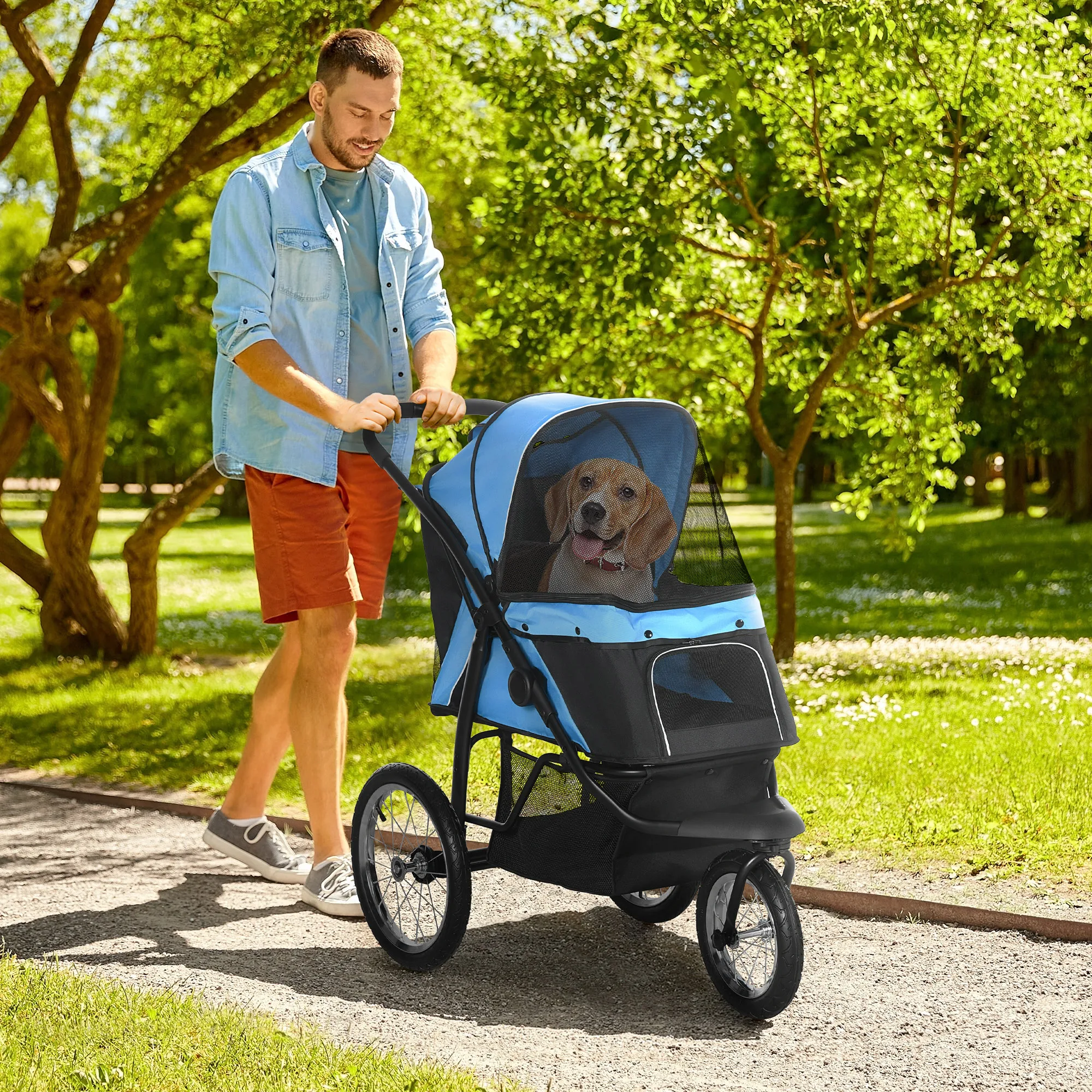 Pet Stroller for Small and Medium Dogs 3 Big Wheels Foldable Cat Stroller with Adjustable Canopy, Safety Tether, Storage Basket