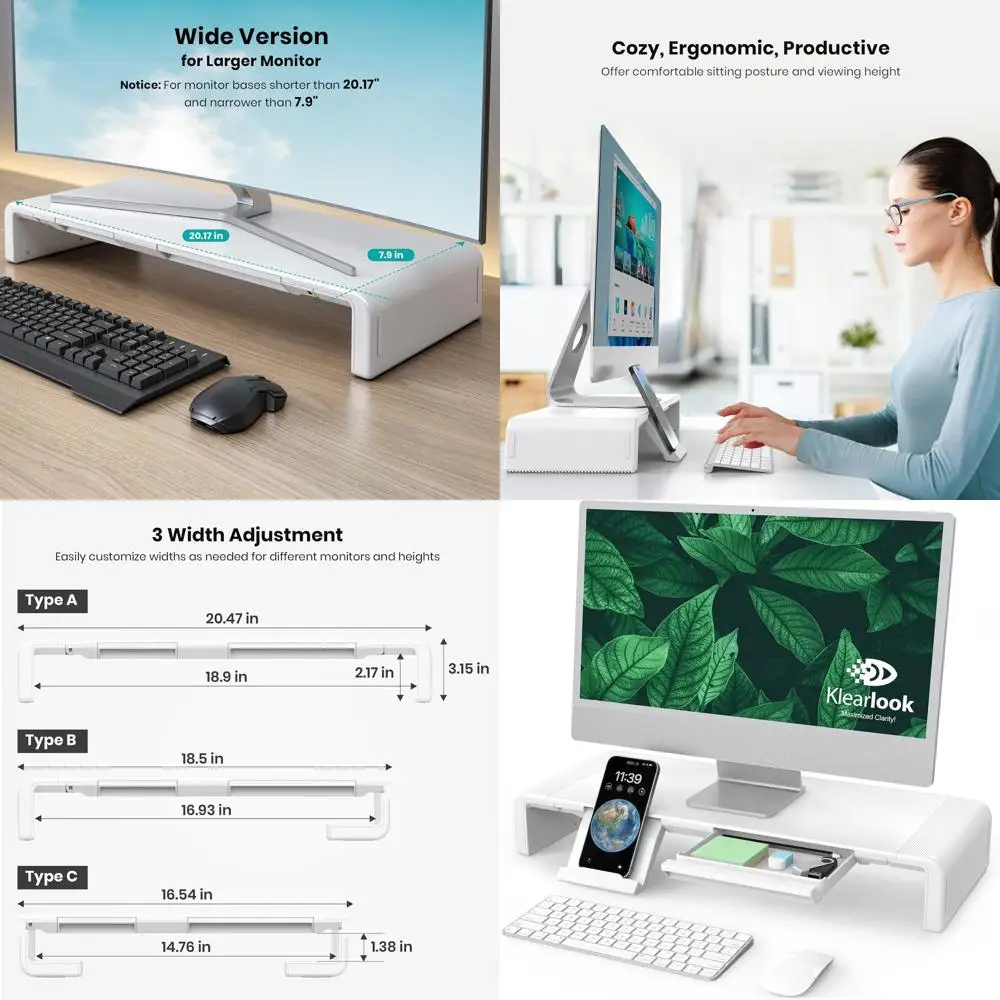 

Регулируемая складная подставка для монитора с ящиком для хранения, настольная полка Klearlook для ноутбука, планшета и телефона (белая)