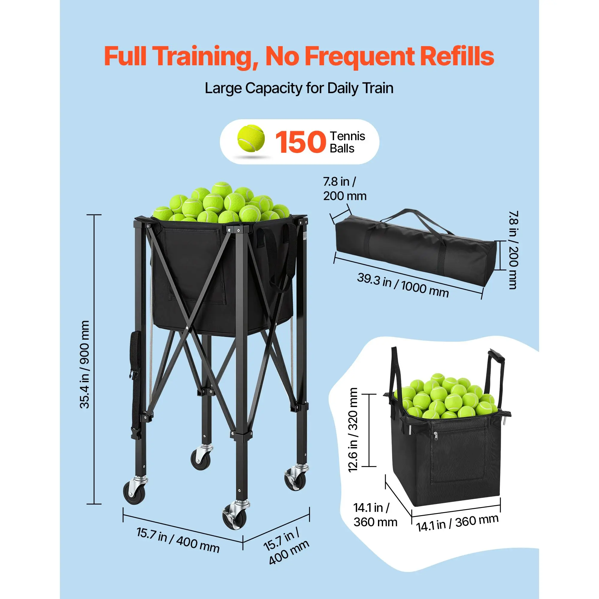 Lightweight Aluminum Tennis Ball Hopper Foldable Pickleball Basket Cart Wheels 150 Ball Capacity Easy Pick Training Equipment