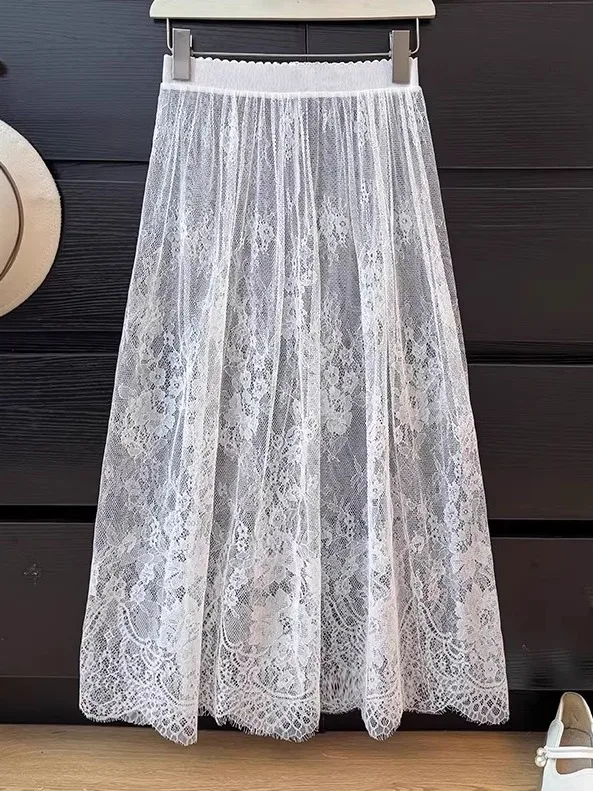 Elegant Lace Hollow out Embroidery Half Skirt Women's Spring 2025 New Fashion High Waist Layered Inner Skirt Curtain