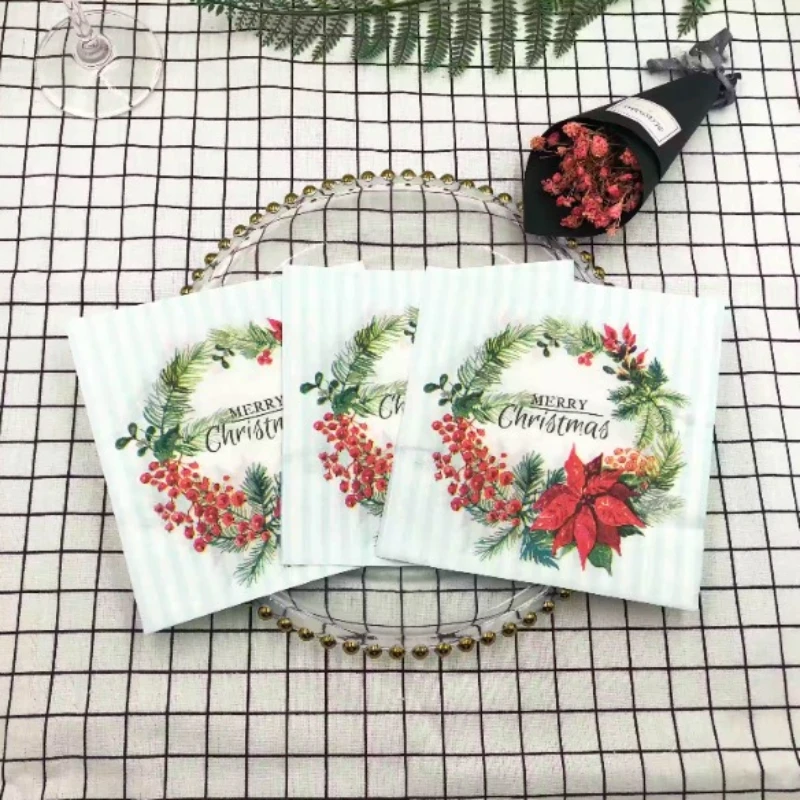 20pcs/Pac Colorful Printed Napkins Christmas Blue Wreath Model Food Grade Party Holiday Decoration Table Runner 2 Ply Cheap