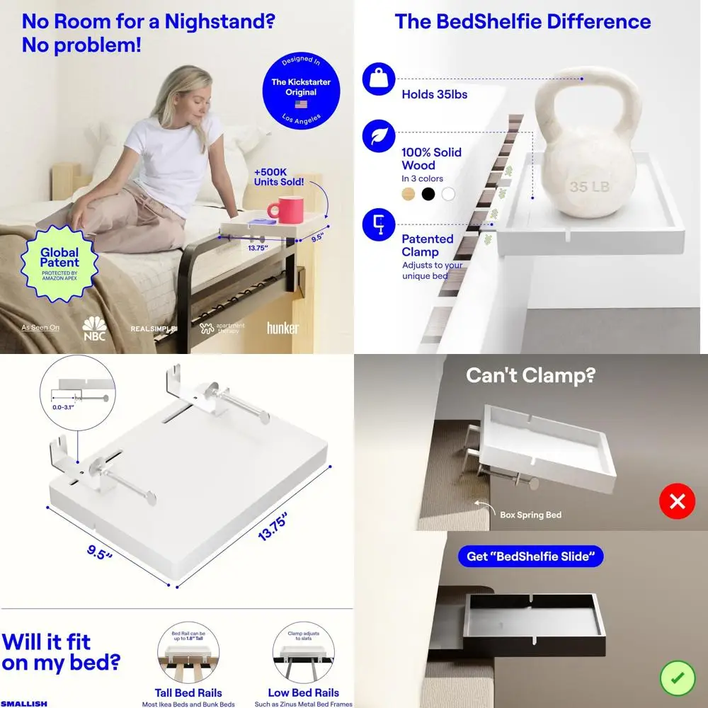 

Bamboo White College Dorm Bed Shelving, Nightstand, and Floating Side Table Storage for Small Spaces