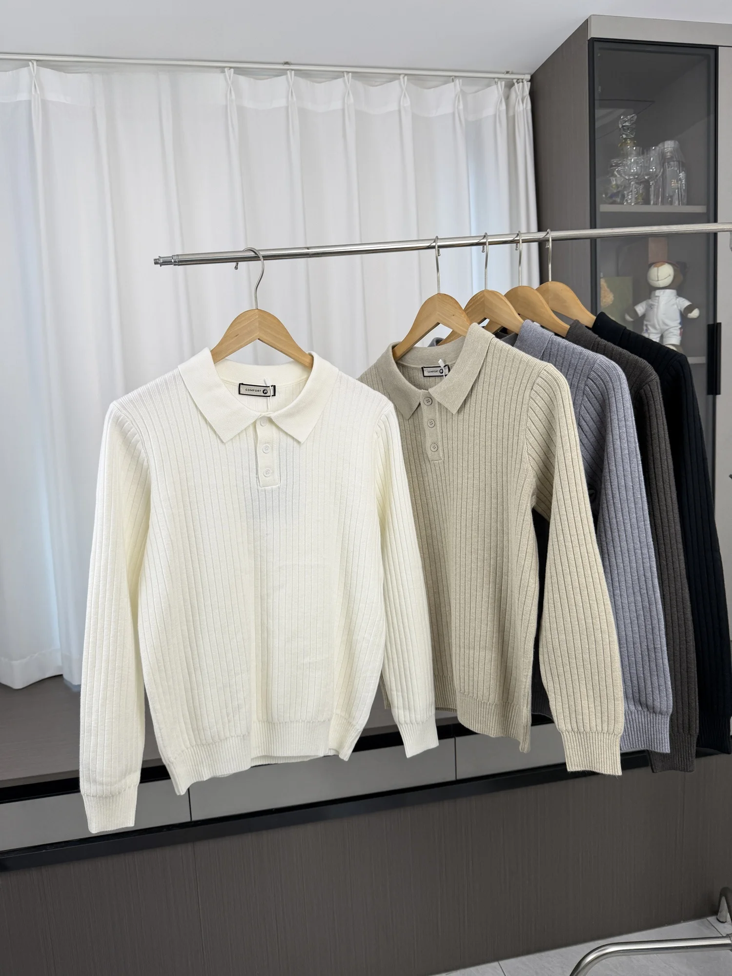 Comfortable Men's Knitted  Shirt High Collar Sweater Vertical Stripe Texture Autumn Fashion Casual Loose Fit Long Sleeve