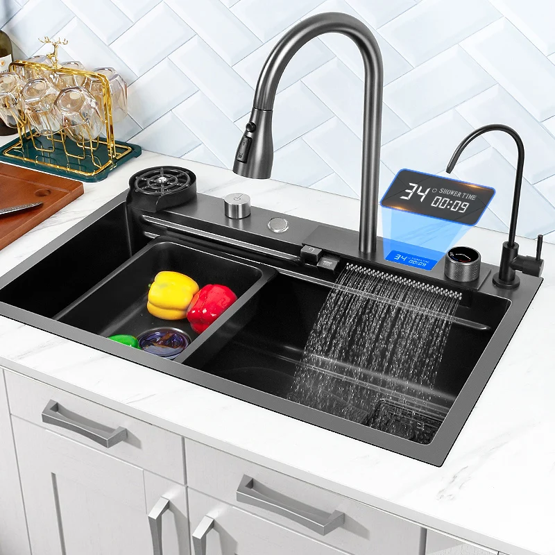 

Digital Display Stainless Steel Pull Out Waterfall Faucet Nano Black Multifunctional Kitchen Sink With Digital Display