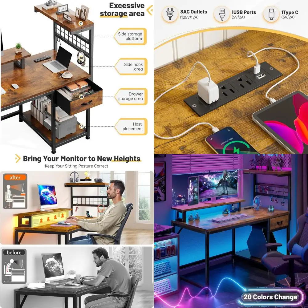 

40-дюймовый компьютерный стол со светодиодной подсветкой, розетками, местом для хранения и подставкой для монитора, идеально подходит для домашнего офиса, учебы или игр