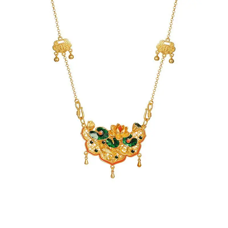 

Solid Brass Gold Plated Chinese Enamel Lotus Ruyi Koi Pendant Necklace Autumn New Statement Jewelry Adjustable Gift for Women
