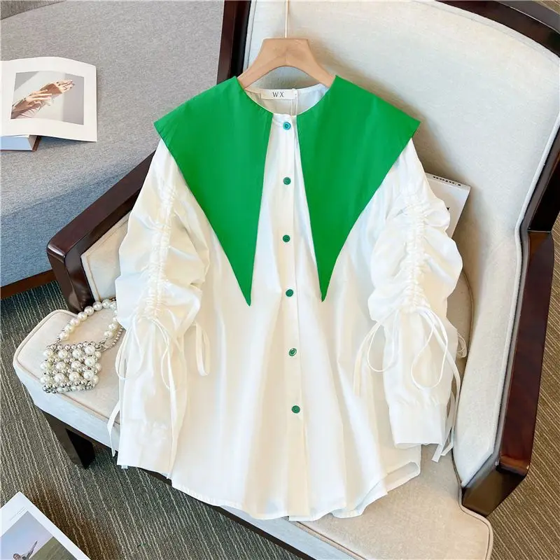 New Button Contrast Patchwork Blouse Spring Long Sleeve Solid Loose Bandage White Elegant Shirt Tops Fashion Trend Women Clothes